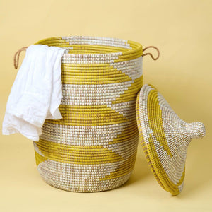 Wicker Storage Basket with Lid – Yellow & White Woven Round Hamper