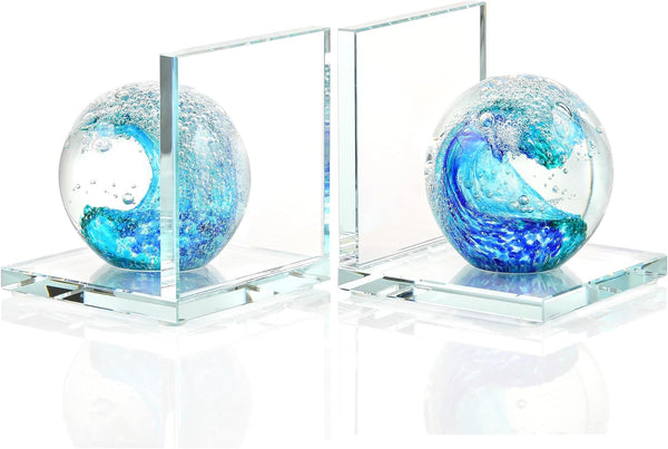 Glass Sea Wave Bookends Set of 2