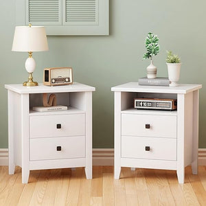 Farmhouse Nightstand Set of 2 with 2 Drawers and Open Shelf