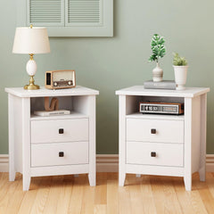 Farmhouse Nightstand Set of 2 with 2 Drawers and Open Shelf