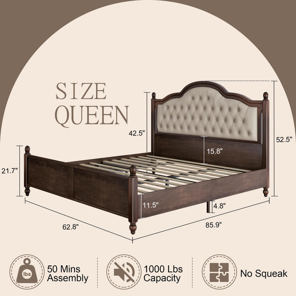 Solid Wood Platform Bed with Tufted Headboard