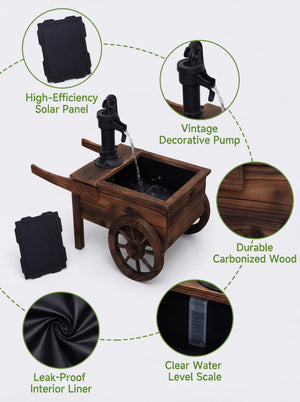 Solar-Powered Wood Outdoor Fountain with Hand Pump Cart Design