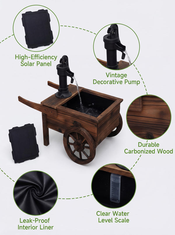 Solar-Powered Wood Outdoor Fountain with Hand Pump Cart Design