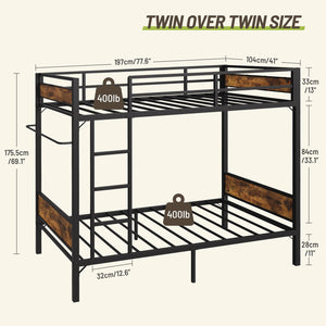 Twin Over Twin Metal Bunk Bed with Clothes Rail & Under-Bed Storage