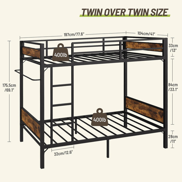 Twin Over Twin Metal Bunk Bed with Clothes Rail & Under-Bed Storage