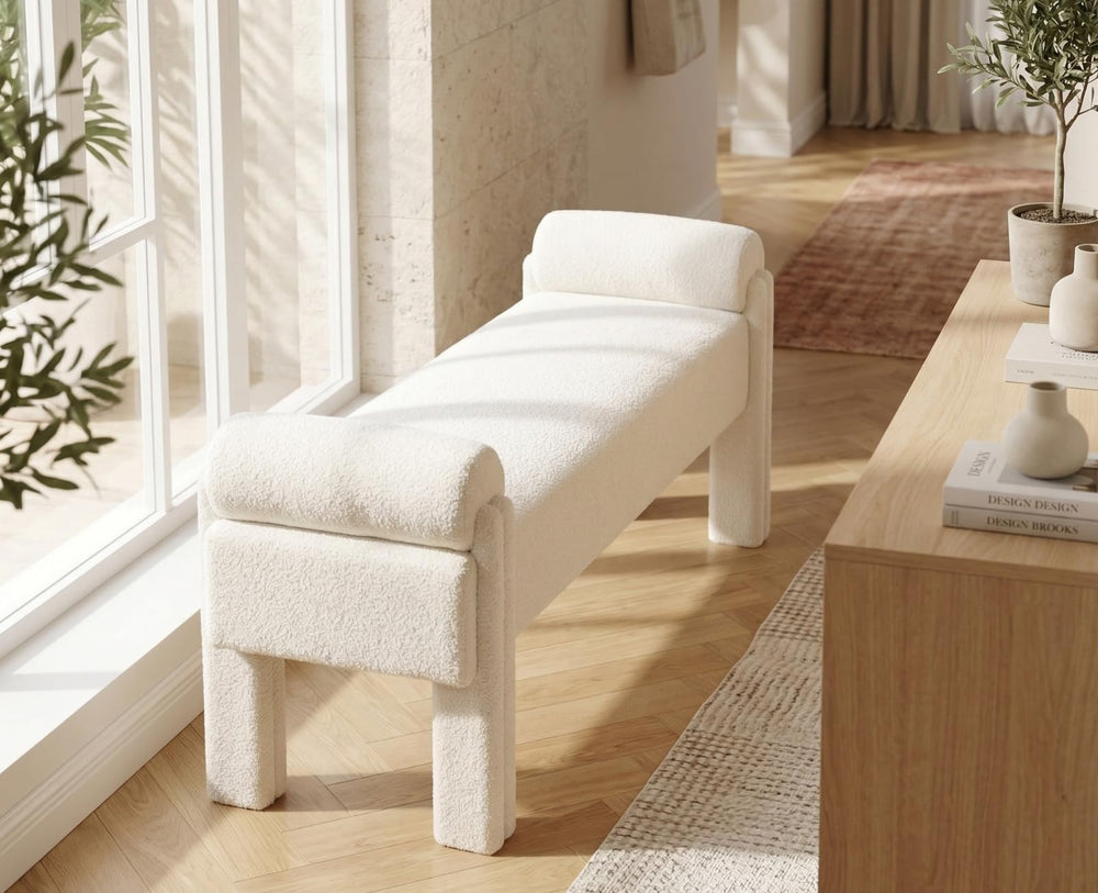 Upholstered Ottoman Bench, Sherpa Boucle, Solid Wood Frame, 53.5" Long