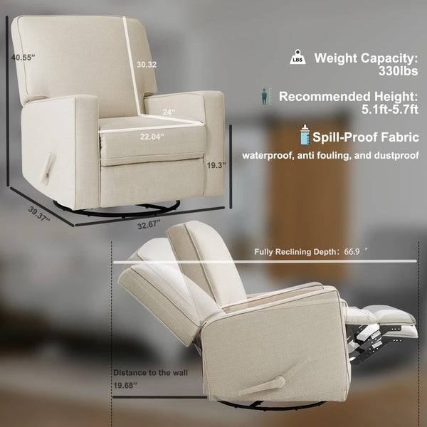 Swivel Glider Rocker Recliner Chair – High Back, Deep Seat, Linen Fabric