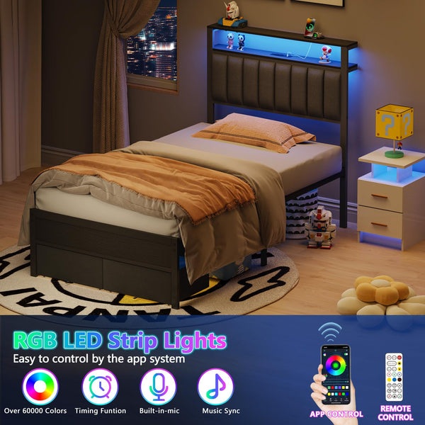 Twin Platform Bed with LED Lights, Charging Station & Storage Drawers
