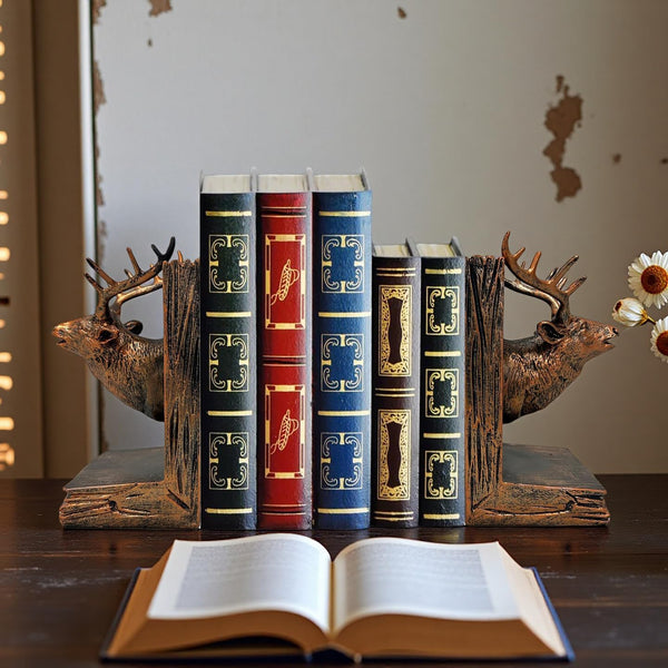 Deer Head Bookends Set – Antique Bronze Resin, Woodland Decor