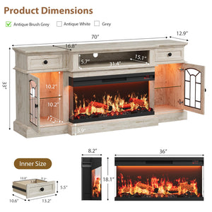 70" Electric Fireplace TV Stand with 3-Sided Glass Insert, Storage Cabinets & Open Shelf