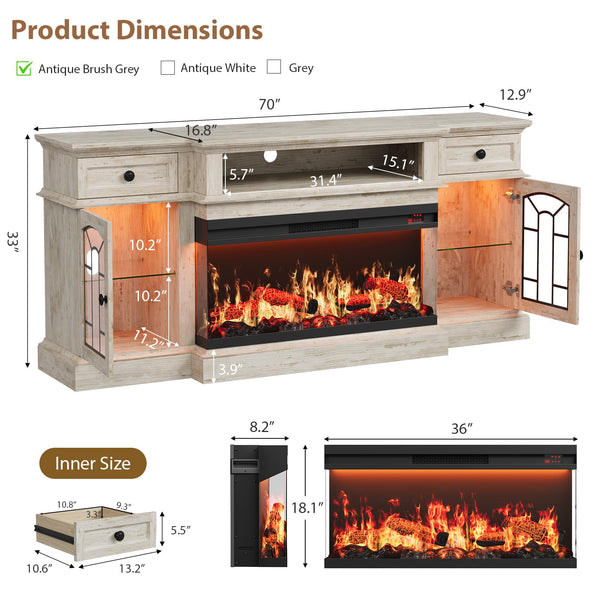 70" Electric Fireplace TV Stand with 3-Sided Glass Insert, Storage Cabinets & Open Shelf