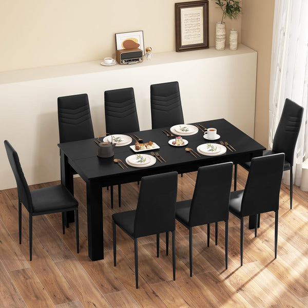 9-Piece Dining Table Set with 8 PVC Leather Chairs – Black