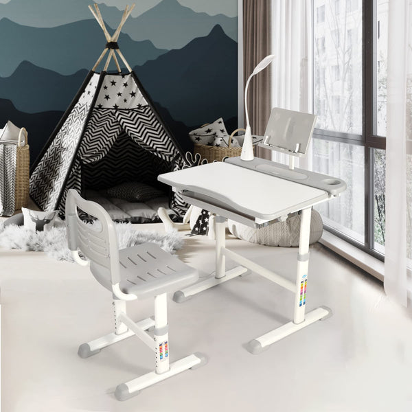 Kids Height-Adjustable Desk and Chair Set with LED Light, Drawer & Bookstand
