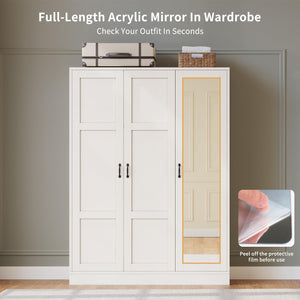 3-Door Mirrored Wardrobe Armoire with Adjustable Shelves