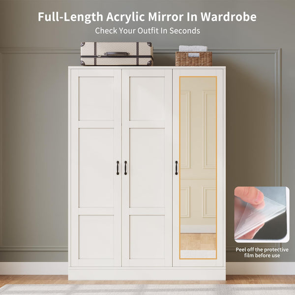 3-Door Mirrored Wardrobe Armoire with Adjustable Shelves