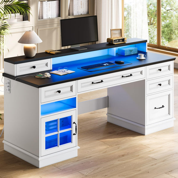 Farmhouse Executive Desk with Drawers, LED Lights & Power Outlet