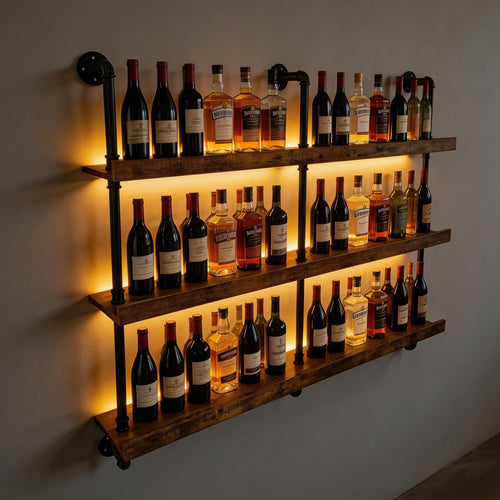 55" Wall Mounted Wine Rack with LED Lights – 3-Tier Industrial Floating Shelf