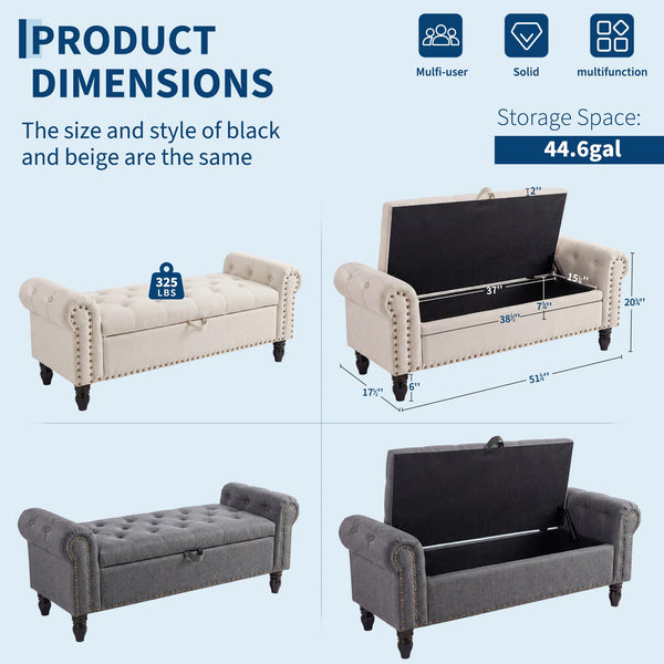 51" Upholstered Storage Bench | Button Tufted End of Bed Ottoman with Safety Hinge