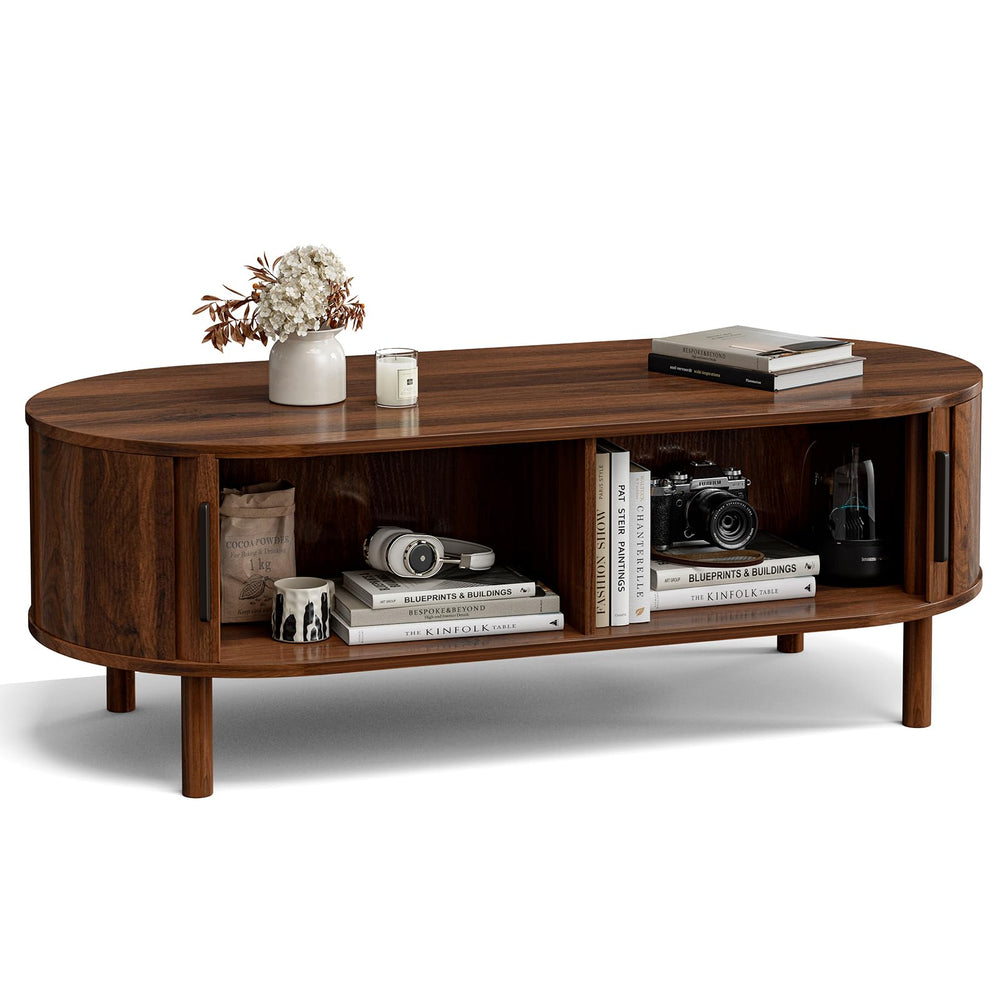 Oval Coffee Table with Sliding Door Cabinets