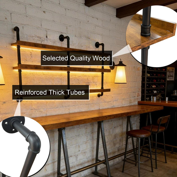55" Wall Mounted Wine Rack with LED Lights – 3-Tier Industrial Floating Shelf