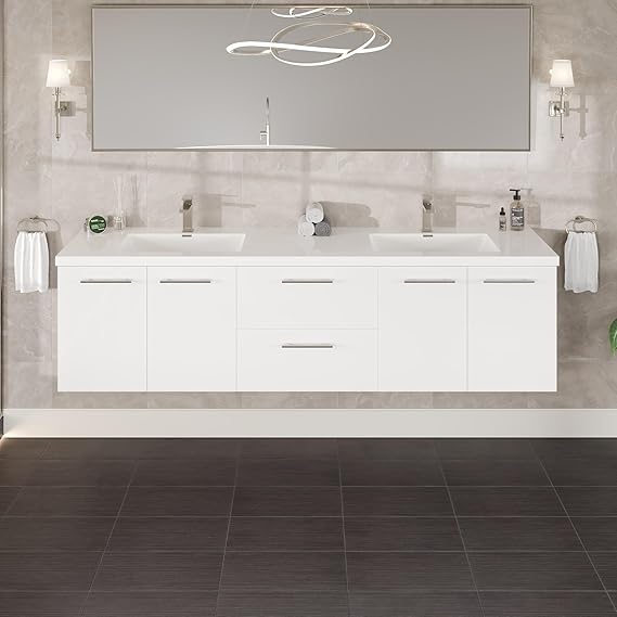 84-Inch Wall Mount Double Sink Bathroom Vanity with Acrylic Top