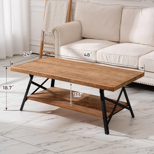 Rustic Brown 2-Tier Pine Wood Coffee Table with Metal X-Legs