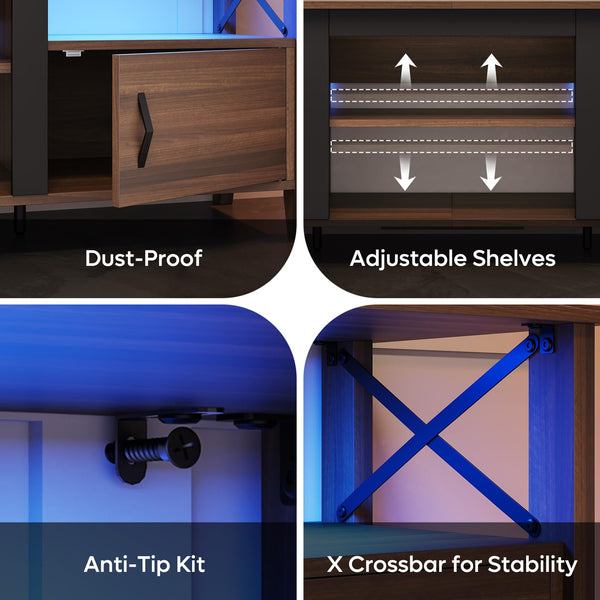 63-Inch Farmhouse TV Stand with LED Lights and Storage Cabinets