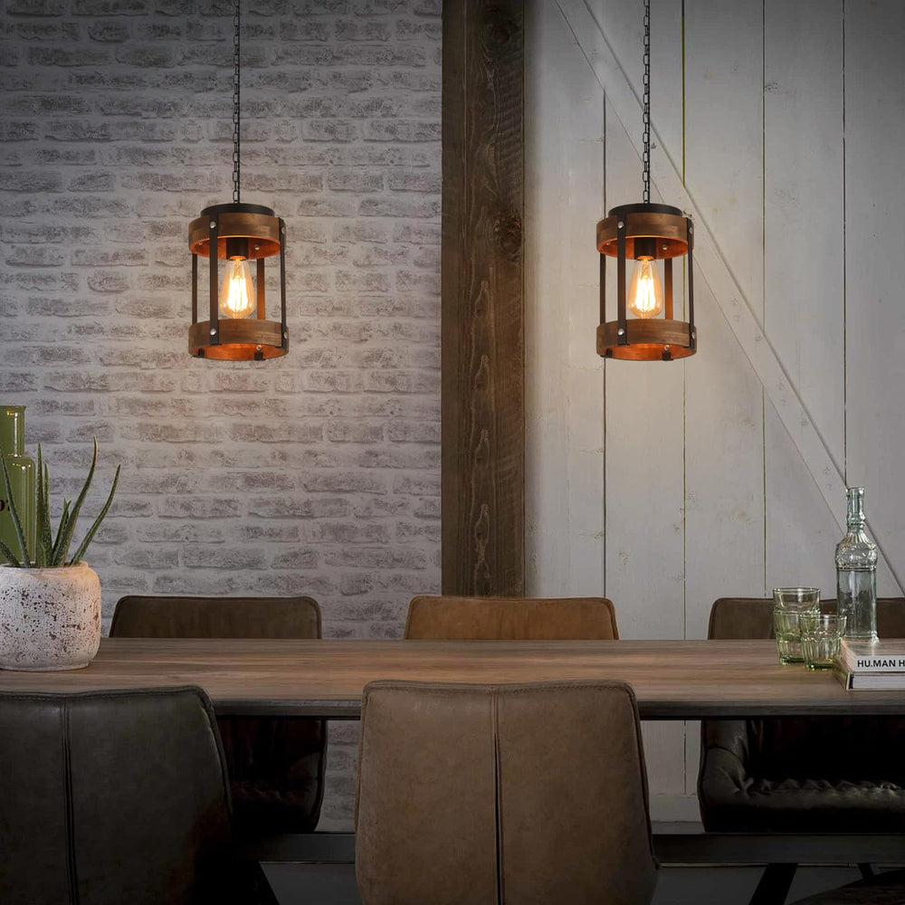 Rustic Farmhouse Wood & Metal Pendant Light Fixture