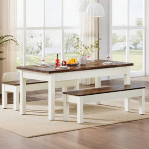 Farmhouse Dining Table Set with 2 Benches, Seats 4–6