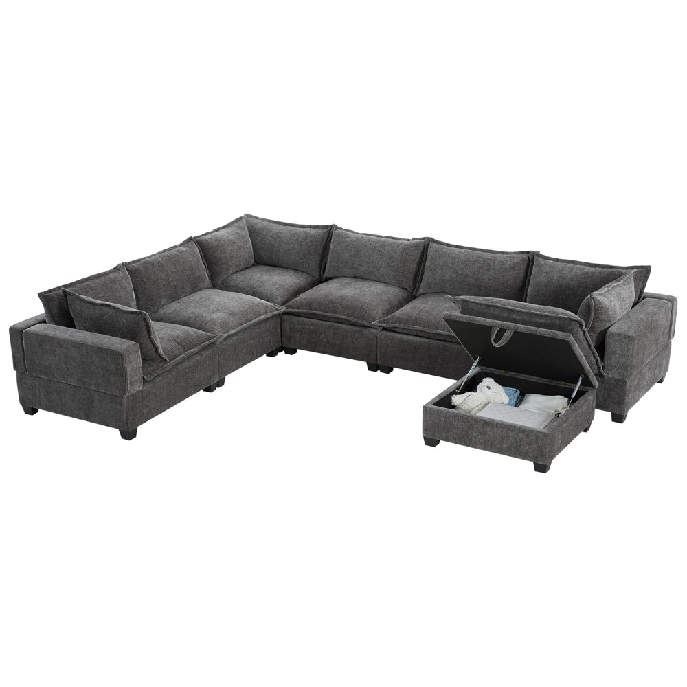 U-Shaped Sectional Sofa with Storage Ottoman – 7-Seat Chenille Couch, Grey