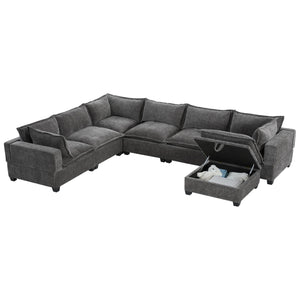 U-Shaped Sectional Sofa with Storage Ottoman – 7-Seat Chenille Couch, Grey