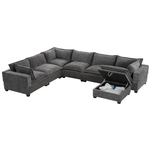 U-Shaped Sectional Sofa with Storage Ottoman – 7-Seat Chenille Couch, Grey