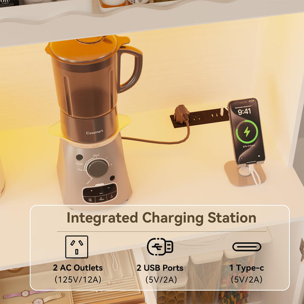 Tall Pantry Storage Cabinet with LED Light & Charging Station
