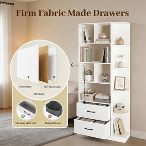 5-Tier Bookshelf with 2 Fabric Drawers – White & Black