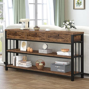 55-Inch Console Table with 3 Drawers and Open Shelves