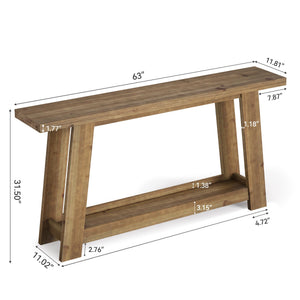 63-Inch Solid Wood Farmhouse Console Table with 2-Tier Shelf