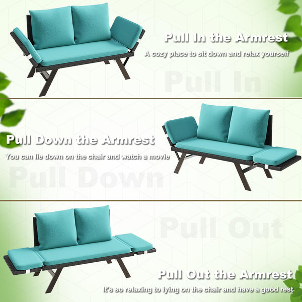 Outdoor Convertible Wicker Loveseat with Adjustable Armrests & Cushions