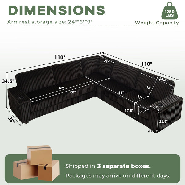 L-Shaped Corduroy Sectional Sofa with USB Charging & Storage
