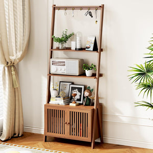 4-Tier Bamboo Ladder Bookshelf with Drawers & Hooks