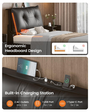 Full Size Platform Bed Frame with Storage Drawers, LED Lighting & Charging Station