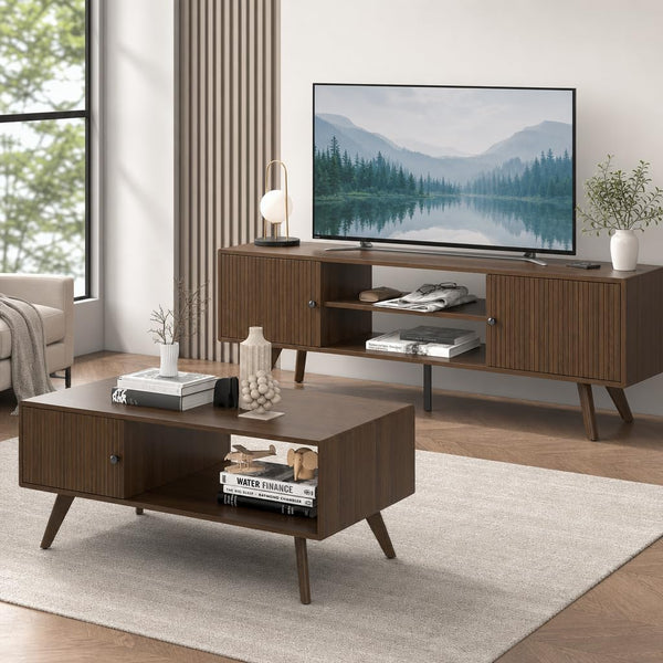 Manora Mid Century Modern Coffee Table with Storage Cabinet and Open Shelf, Wooden Living Room Table with Fluted Drawer and Solid Wood Legs, Walnut Finish Center Table for Small Spaces