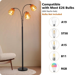 Arc Floor Lamp with Rattan Shades & Rotatable Arms