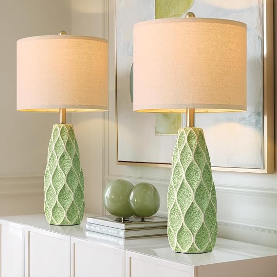 Ceramic Table Lamp Set of 2 — Boho Bedside Nightstand Lamp