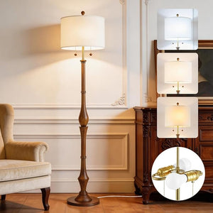 Rustic Wooden Floor Lamp with Linen Shade & Dual Pull Chain