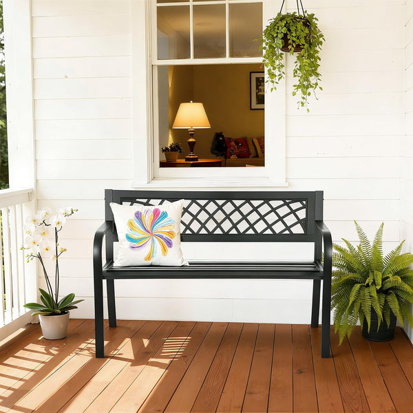Metal Outdoor Garden Bench with Grid Pattern Backrest