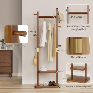 Solid Wood Coat Rack with 2 Shelves & 5 Hooks – Freestanding Clothes Stand