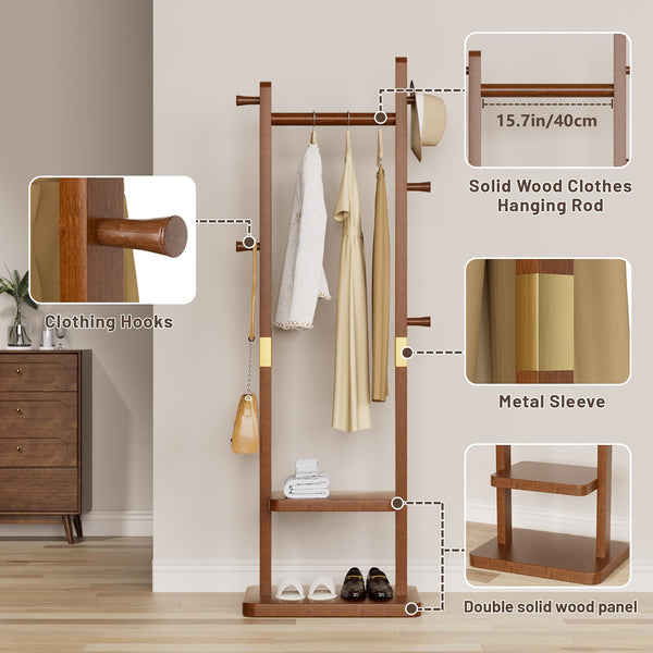 Solid Wood Coat Rack with 2 Shelves & 5 Hooks – Freestanding Clothes Stand
