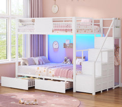 Twin Over Twin Bunk Bed with Stairs & LED Lights
