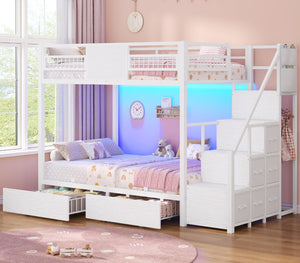 Twin Over Twin Bunk Bed with Stairs & LED Lights