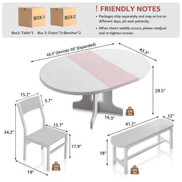 5-Piece Extendable Round Dining Table Set with Chairs and Benches